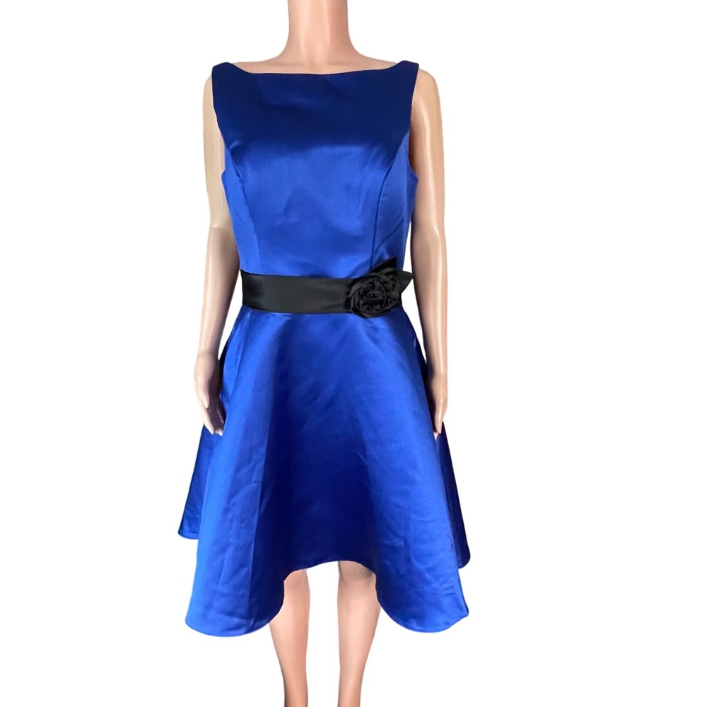 Symphony of Venus‎ Royal Blue Satin Fit & Flare Hoco Dress Black Rose , Medium